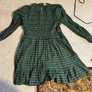 Universal thread green plaid cotton dress with long sleeves and smocking.